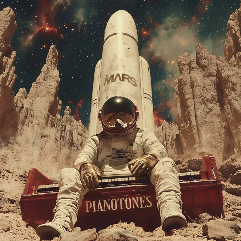 PIANOTONES album cover: an astronaut seated at a red piano before a MARS rocket under a nebula sky